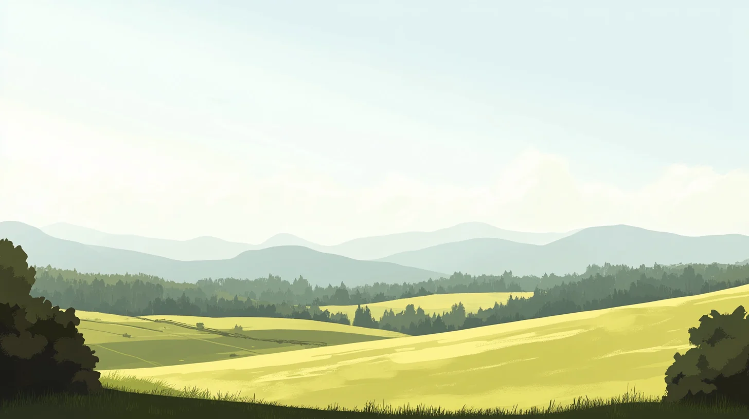 Prairie fields opening toward a distant mountain range at first light